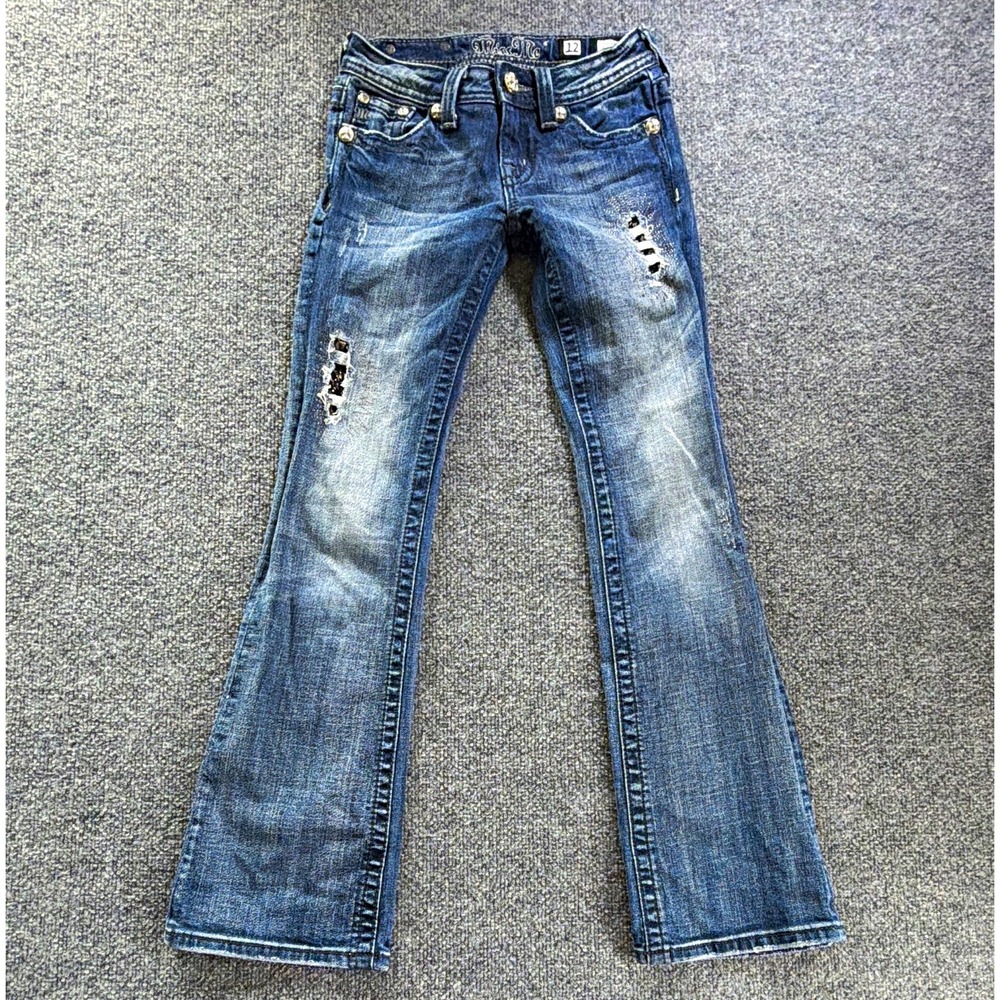 Miss Me Girls Blue Bootcut Jeans Size 12 Distressed Medium Wash Rhinestone